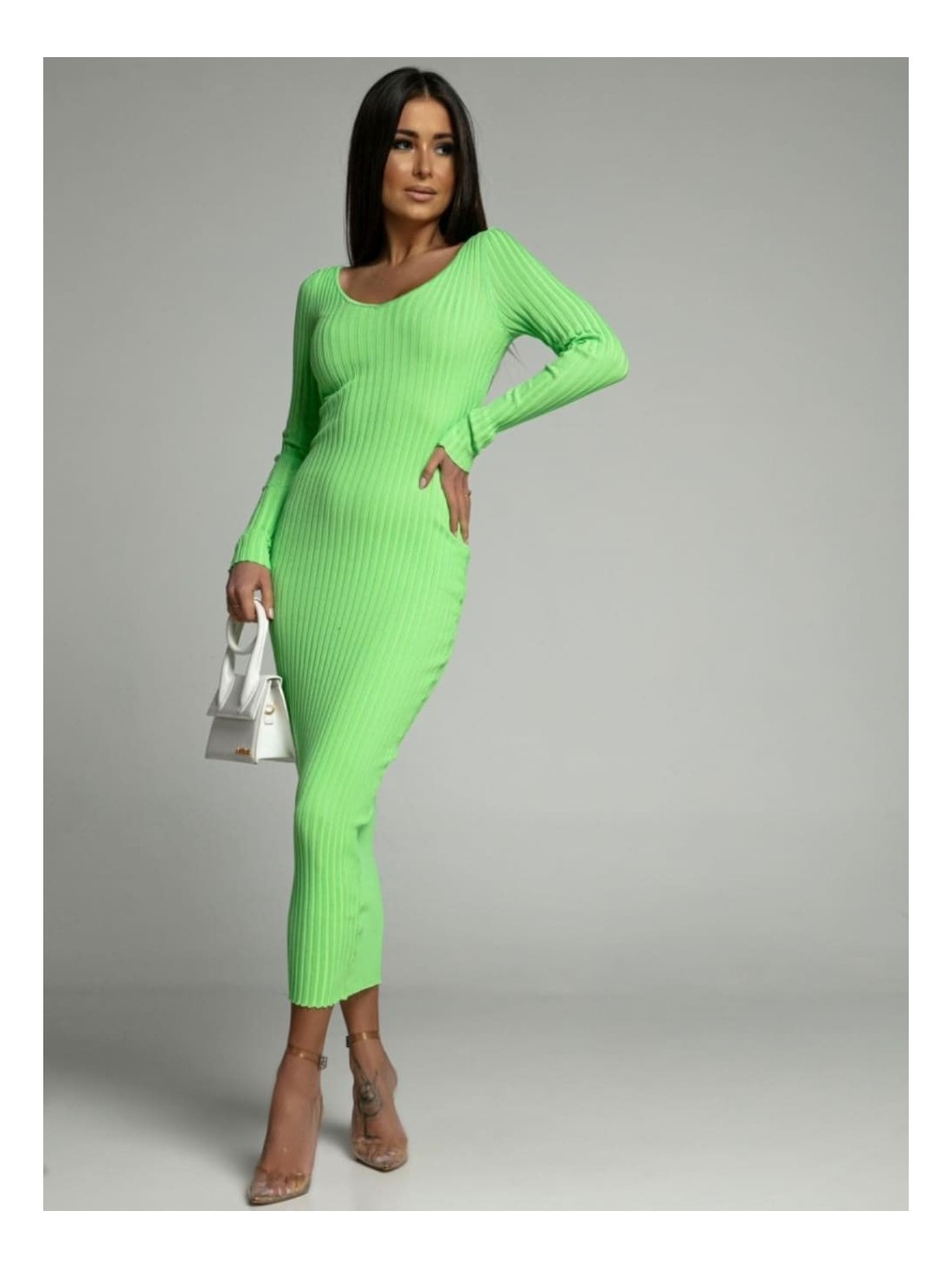 Pencil dress with long sleeves and a neckline, lime green AZRJL813 - Online store - Boutique